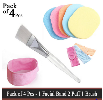 Pack Of 4 Pcs – 1 Facial Hair Band 2 Sponge Puff 1 Facial Mixing Brush – Facial Face Wash Cleansing Sponge Puff Pad Makeup Remover Puff